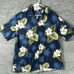 VTG Pacific Legend Apparel Shirt Mens Large Blue Hawaiian Floral Rayon Button Up